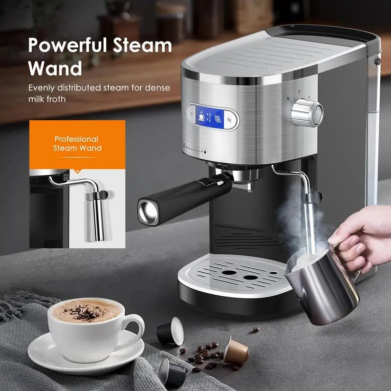 ☕ High-Pressure Espresso Coffee Maker – 20 Bar Pump 💨 | Steam Wand 🥛 | Capsule Compatible 🎯 | Removable Water Tank 💧 | 1350W Power ⚡ for Lattes & Cappuccinos 🍵 ERIC SONG
